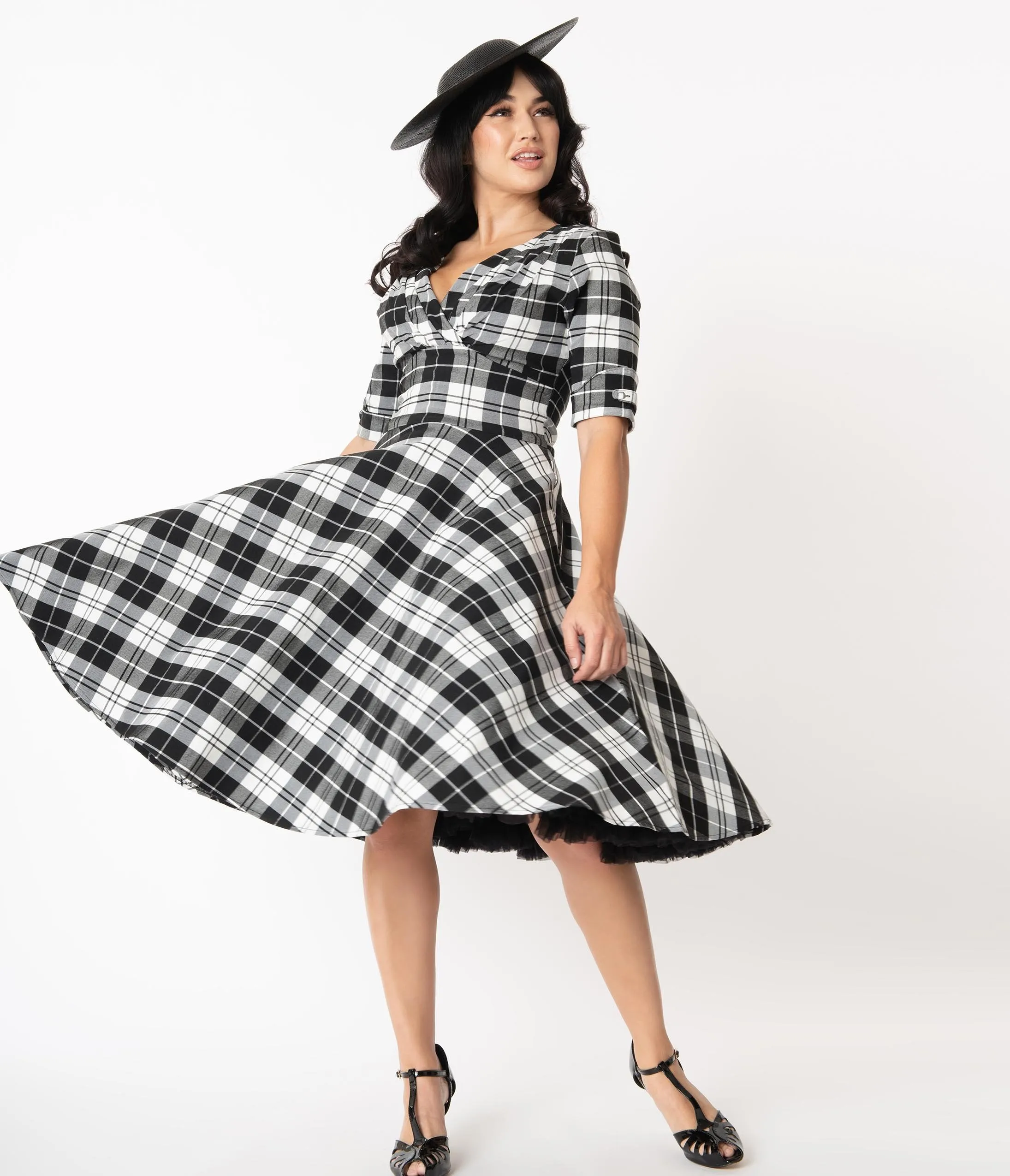 Unique Vintage 1950s Style Black & White Plaid Delores Swing Dress with Sleeves