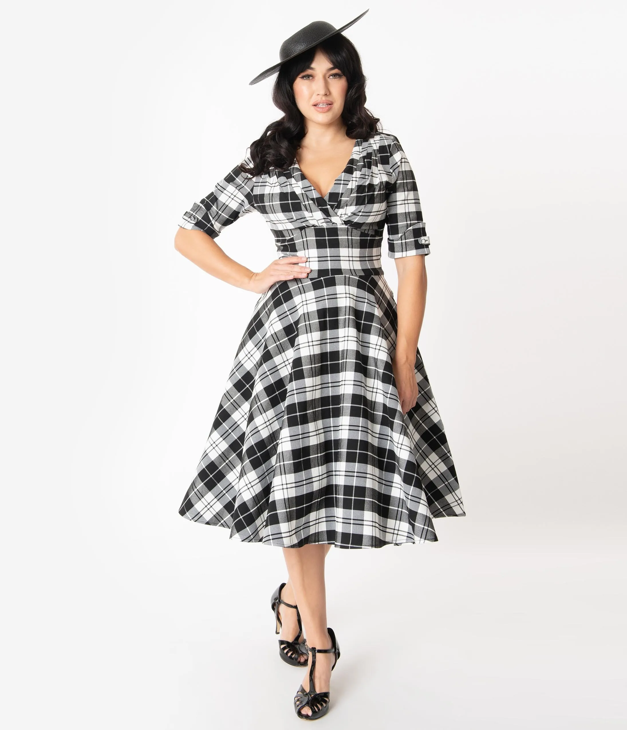 Unique Vintage 1950s Style Black & White Plaid Delores Swing Dress with Sleeves
