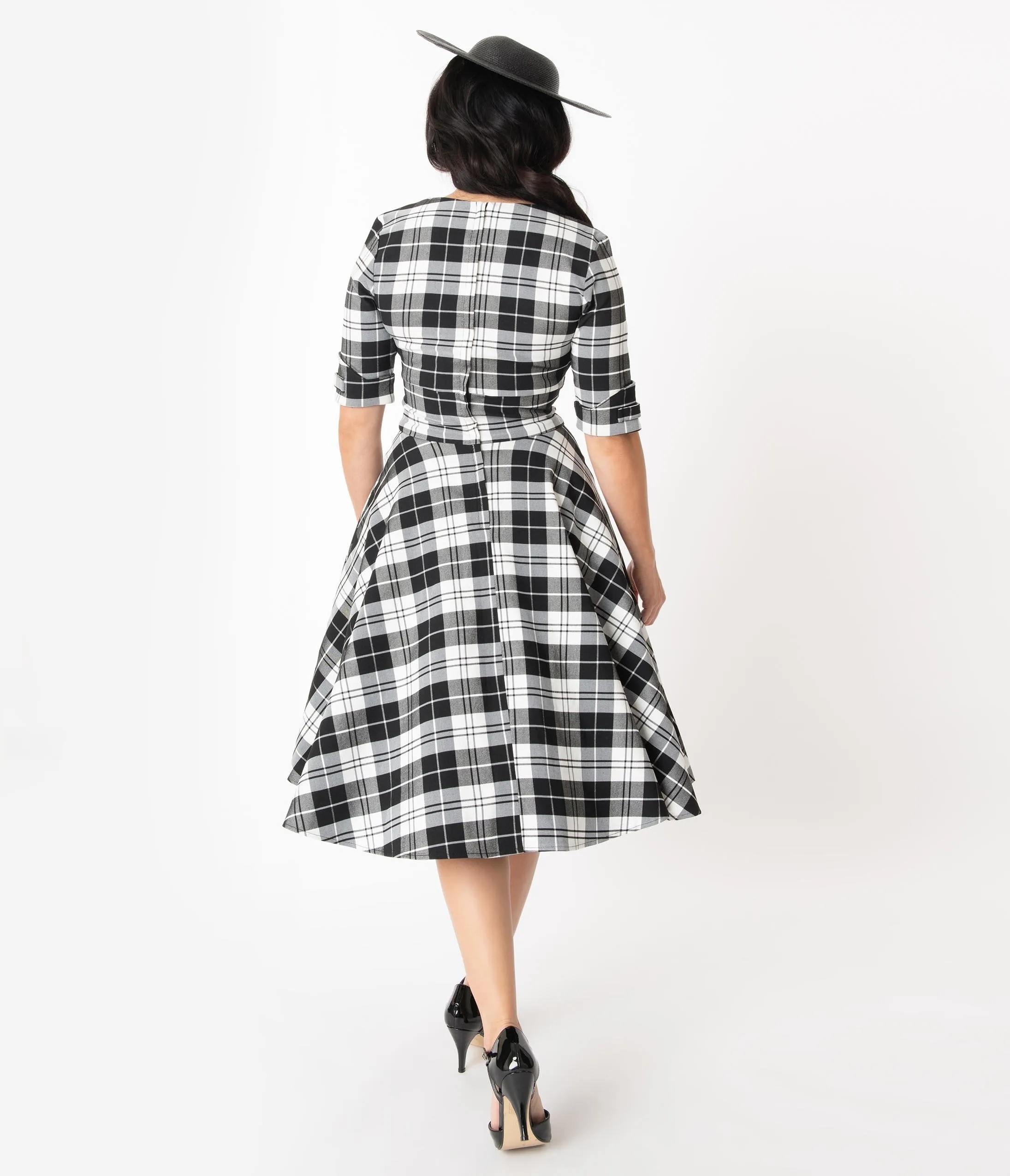 Unique Vintage 1950s Style Black & White Plaid Delores Swing Dress with Sleeves