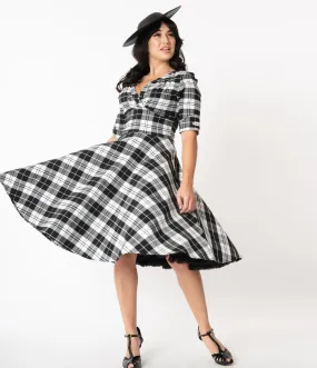 Unique Vintage 1950s Style Black & White Plaid Delores Swing Dress with Sleeves