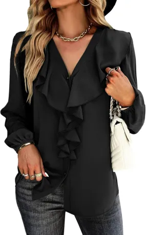 Vrtige Women's V Neck Ruffle Front Button Down Long Sleeve Blouse Top Shirt