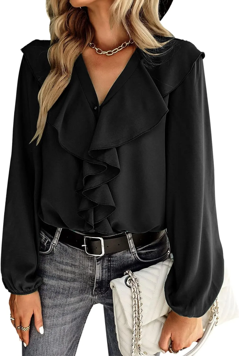 Vrtige Women's V Neck Ruffle Front Button Down Long Sleeve Blouse Top Shirt