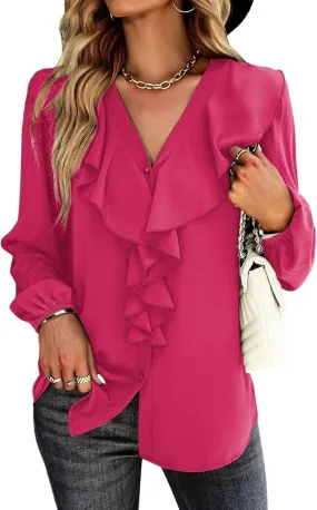Vrtige Women's V Neck Ruffle Front Button Down Long Sleeve Blouse Top Shirt