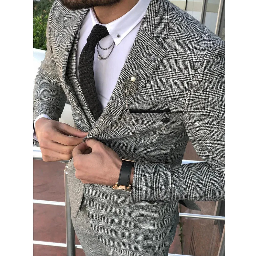 Wiaofellas  - High-end Houndstooth Suits for Men Fashion Notch Lapel Single Breasted Outfits Luxury Business Casual Daily Wedding Tuxedo