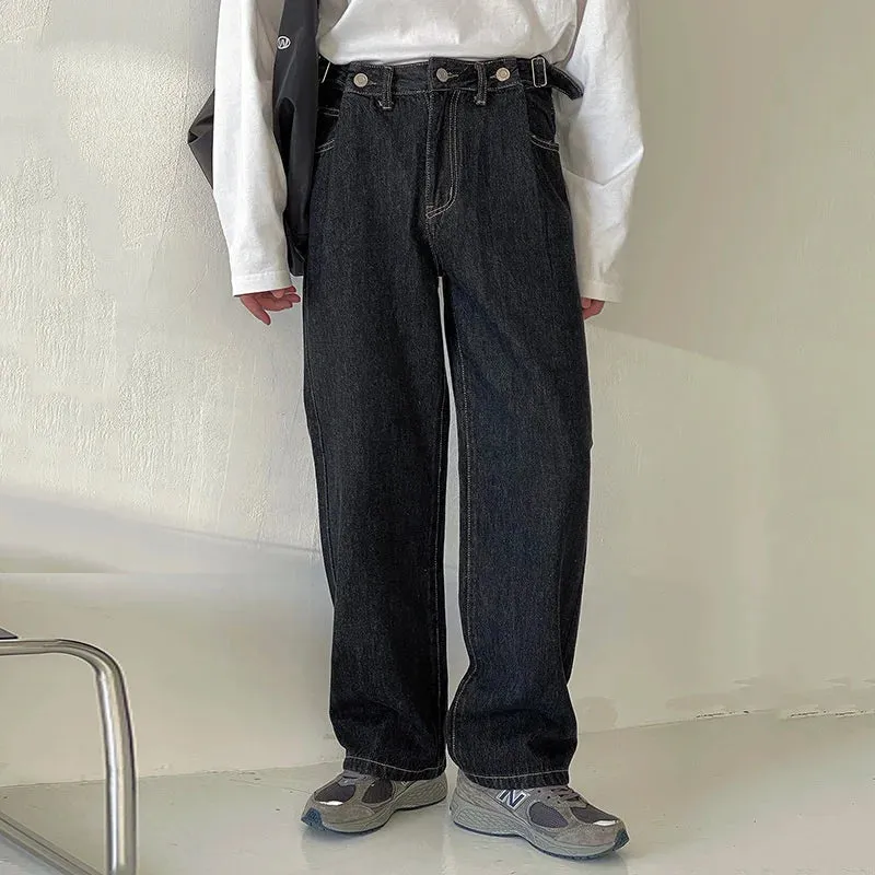 Wiaofellas  -  Straight Simple Wide Leg Casual Men Jeans Korean Trendy New Niche Adjustable Waist Long Pants Vintage Trousers 2A0233