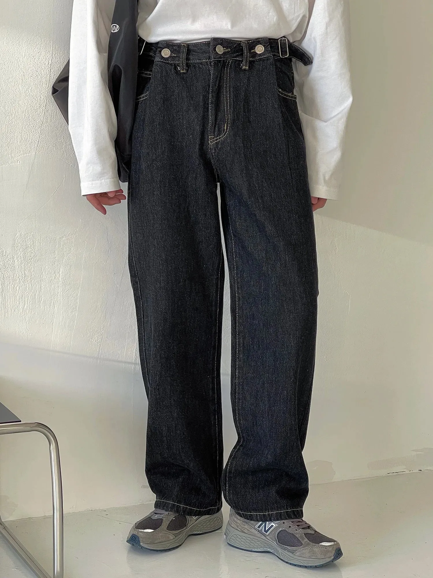Wiaofellas  -  Straight Simple Wide Leg Casual Men Jeans Korean Trendy New Niche Adjustable Waist Long Pants Vintage Trousers 2A0233