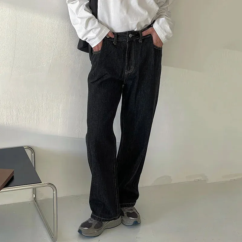 Wiaofellas  -  Straight Simple Wide Leg Casual Men Jeans Korean Trendy New Niche Adjustable Waist Long Pants Vintage Trousers 2A0233