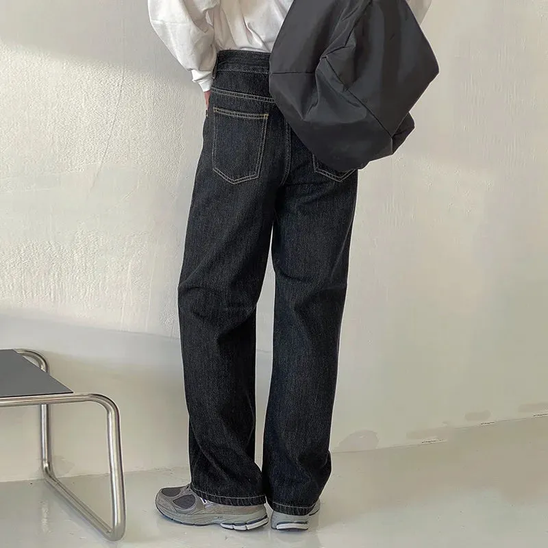 Wiaofellas  -  Straight Simple Wide Leg Casual Men Jeans Korean Trendy New Niche Adjustable Waist Long Pants Vintage Trousers 2A0233