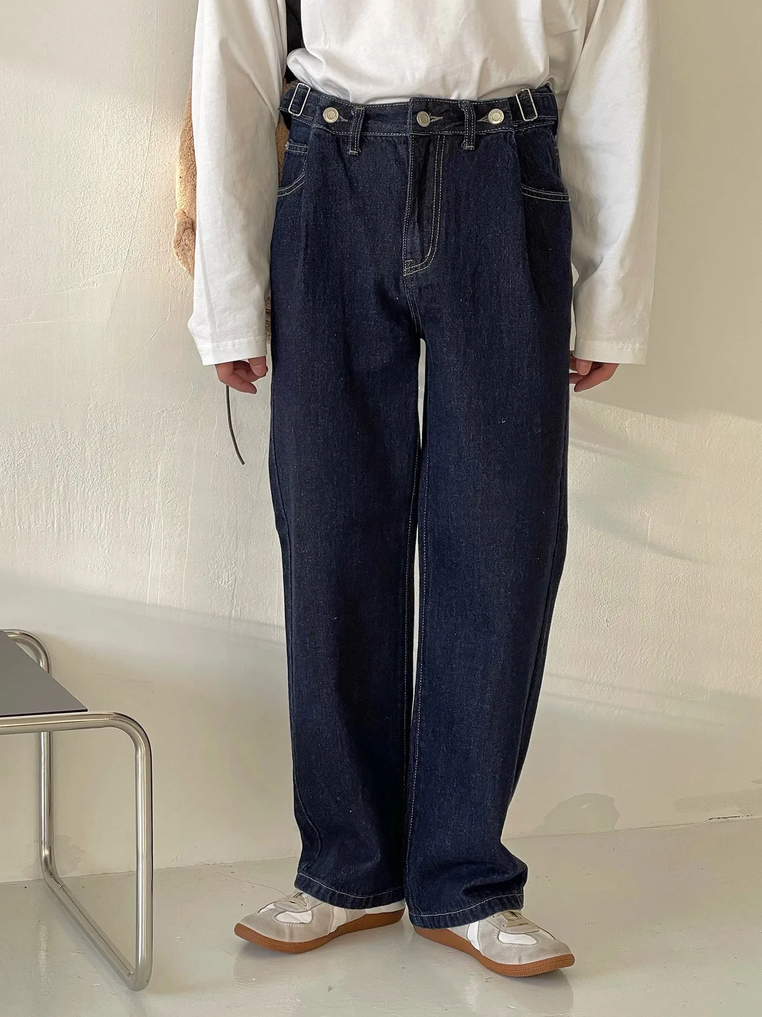 Wiaofellas  -  Straight Simple Wide Leg Casual Men Jeans Korean Trendy New Niche Adjustable Waist Long Pants Vintage Trousers 2A0233