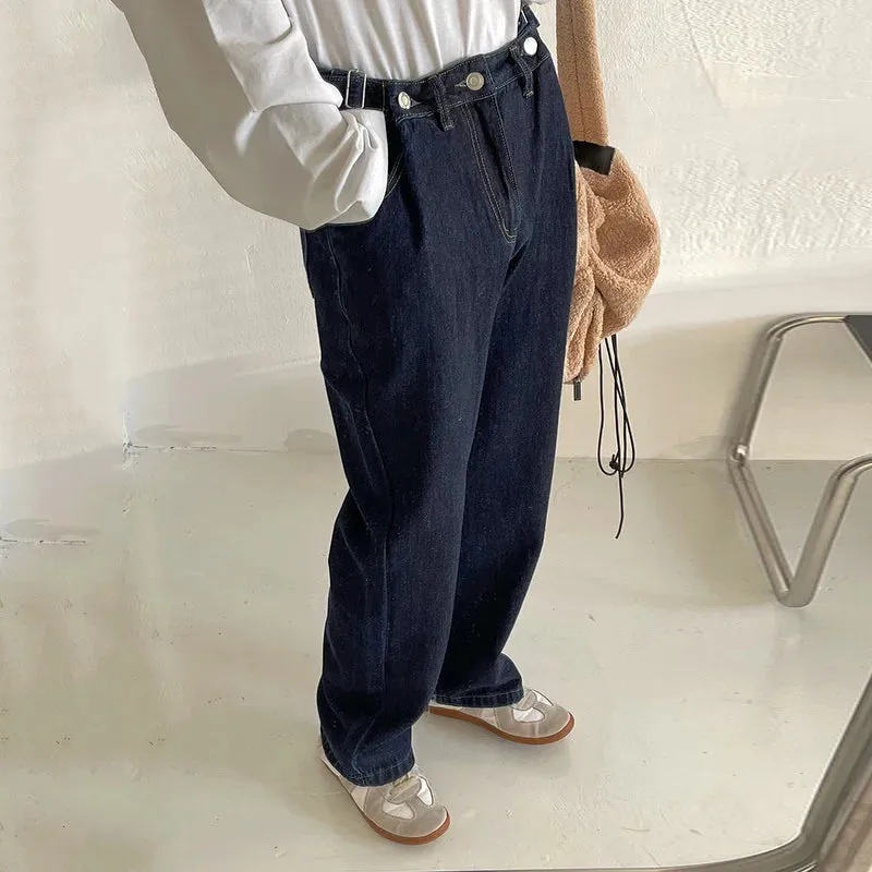 Wiaofellas  -  Straight Simple Wide Leg Casual Men Jeans Korean Trendy New Niche Adjustable Waist Long Pants Vintage Trousers 2A0233