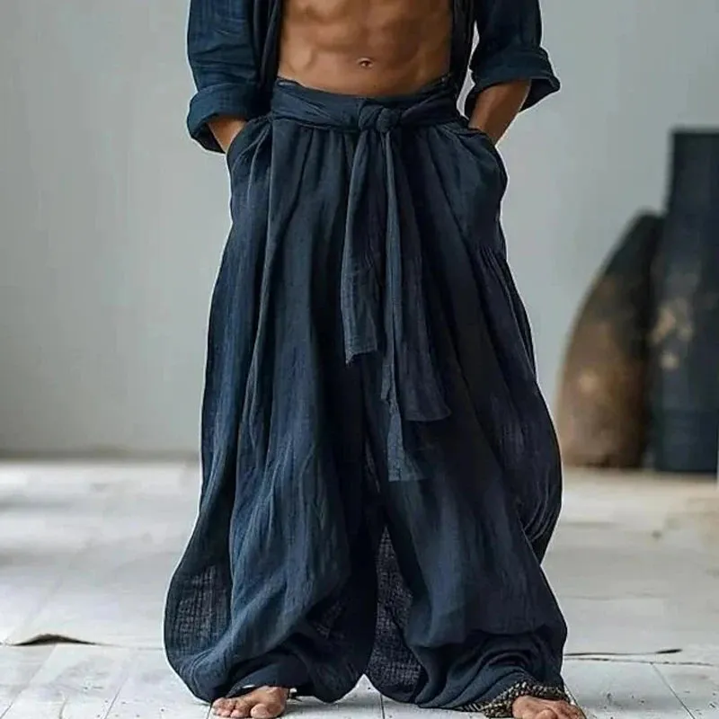 Wiaofellas  -  Vintage Solid Elastic Waisted Beach Trousers Streetwear Men's Wide Leg Long Pants Streetwear Casual Cotton Linen Sweatpant Male