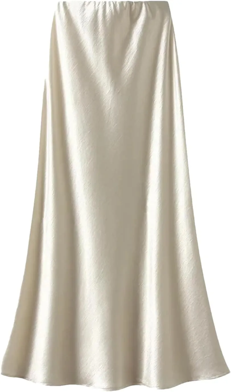Women Autumn Fashion Slim Fit Skirts Pleated Flowing Satin Tight Midi Skirt Party Skirt