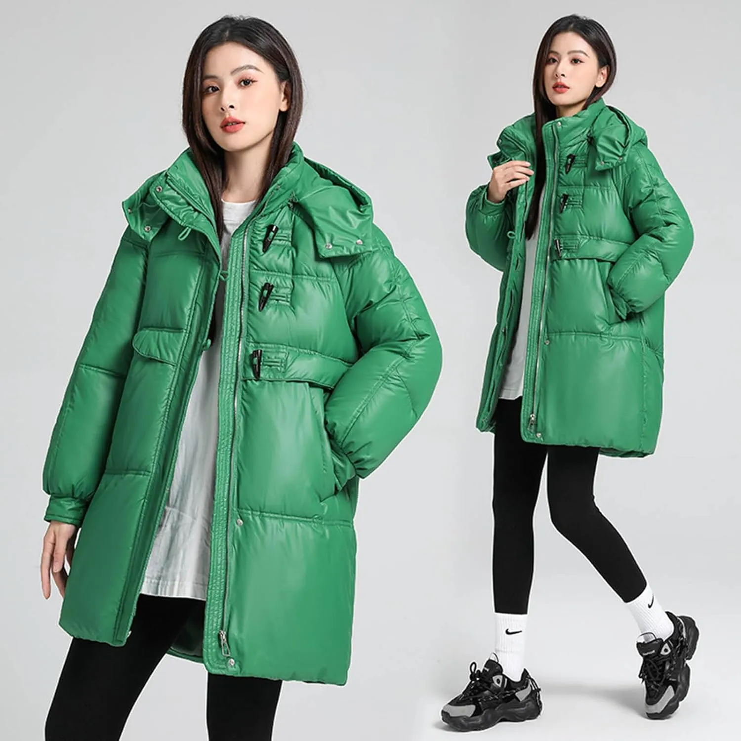 Women Down Puffer Jacket with Hood,Hooded Zipper Winter Down Puffer Coat for Women Horn Button Thick Quilted Outerwear