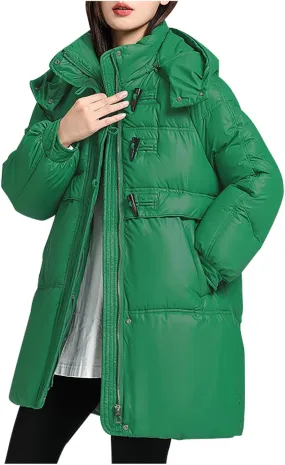 Women Down Puffer Jacket with Hood,Hooded Zipper Winter Down Puffer Coat for Women Horn Button Thick Quilted Outerwear