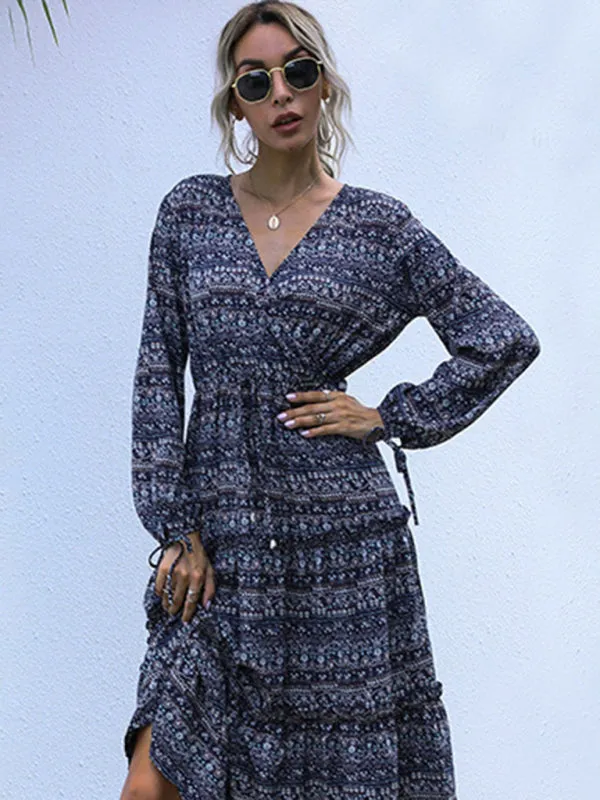 Women's Boho Print Long Sleeve Maxi Dress
