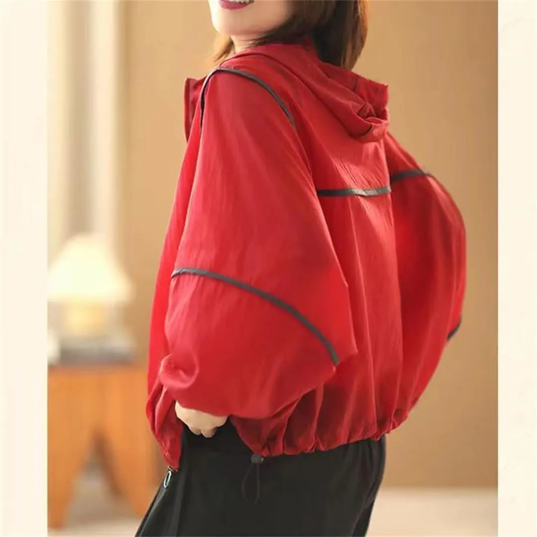 Women's Contrast Color Long Sleeve Hooded Trench Coat Casual Loose Thin Zipper Street Jacket