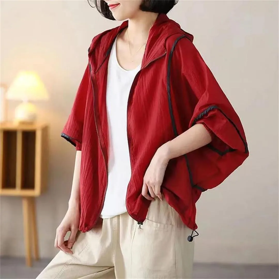 Women's Contrast Color Long Sleeve Hooded Trench Coat Casual Loose Thin Zipper Street Jacket