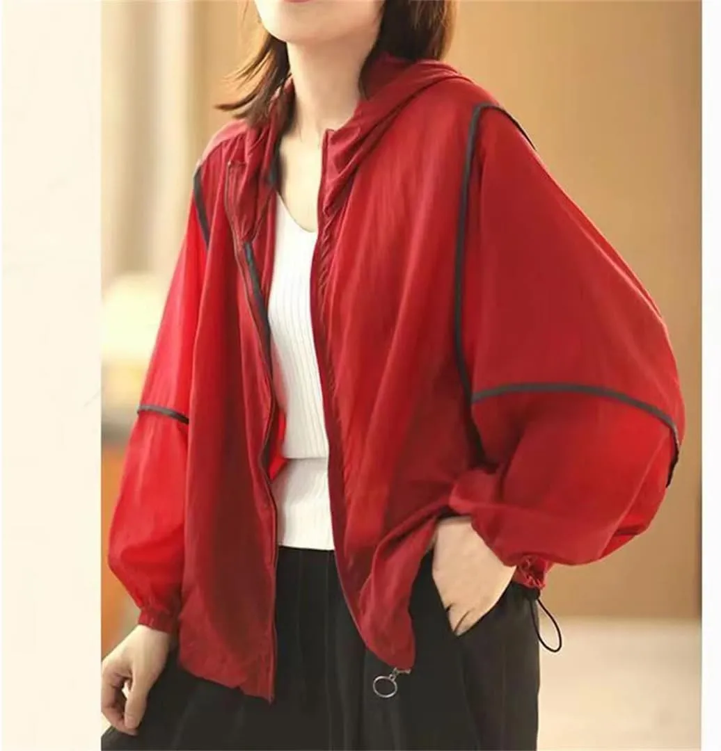 Women's Contrast Color Long Sleeve Hooded Trench Coat Casual Loose Thin Zipper Street Jacket