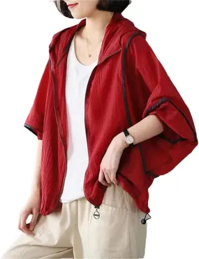 Women's Contrast Color Long Sleeve Hooded Trench Coat Casual Loose Thin Zipper Street Jacket