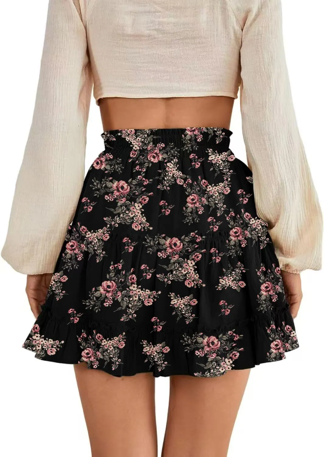 Women's Elastic Waist Pleated Layer Ruffle Hem Flowy A Line Short Skirt
