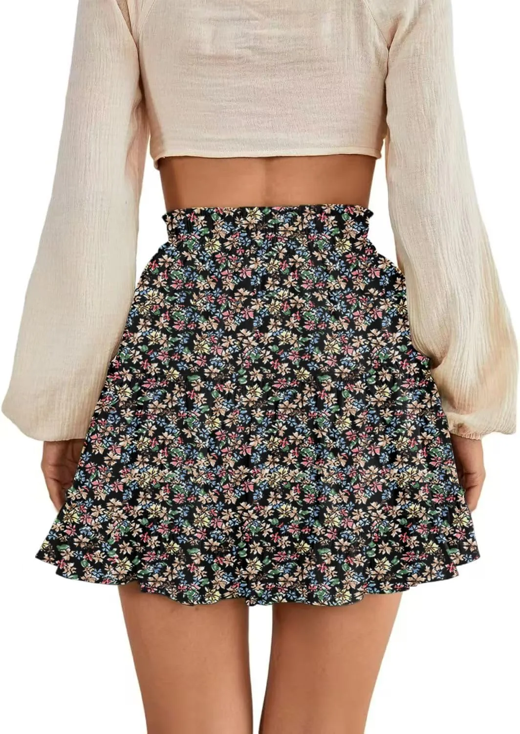 Women's Elastic Waist Pleated Layer Ruffle Hem Flowy A Line Short Skirt