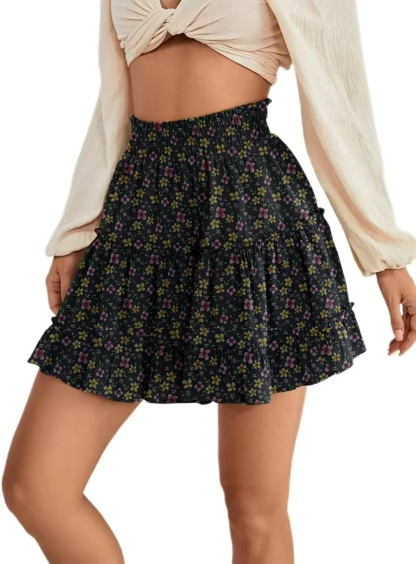 Women's Elastic Waist Pleated Layer Ruffle Hem Flowy A Line Short Skirt