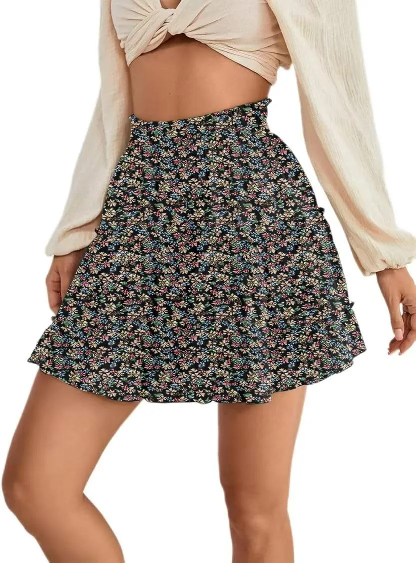 Women's Elastic Waist Pleated Layer Ruffle Hem Flowy A Line Short Skirt