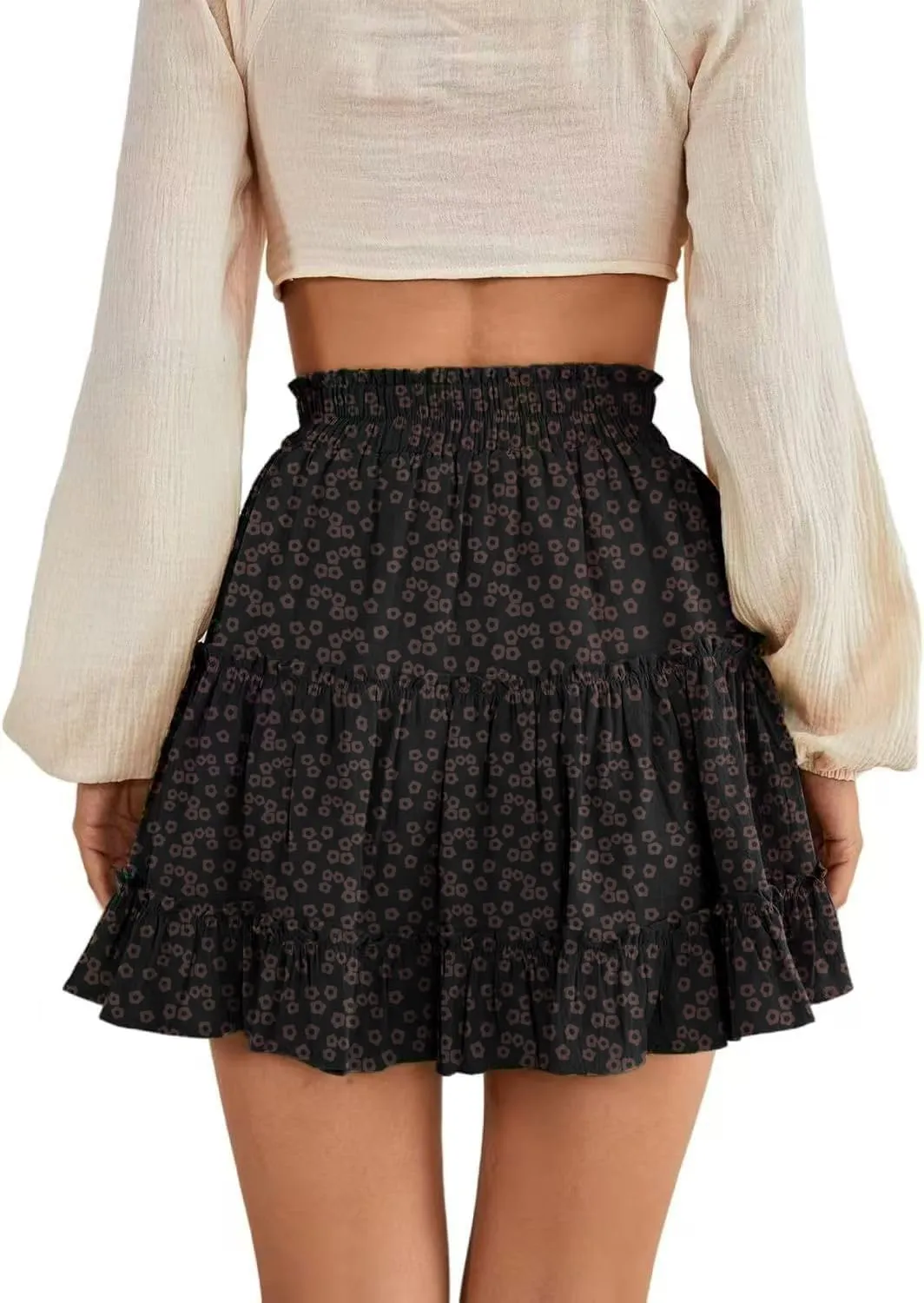Women's Elastic Waist Pleated Layer Ruffle Hem Flowy A Line Short Skirt