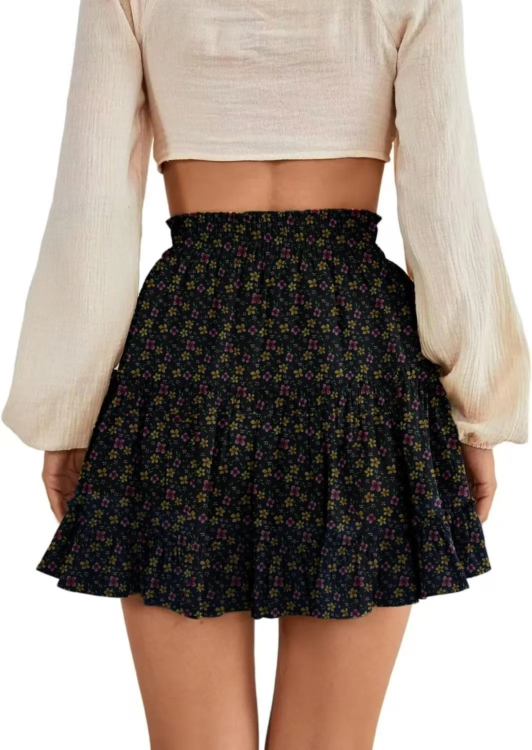 Women's Elastic Waist Pleated Layer Ruffle Hem Flowy A Line Short Skirt