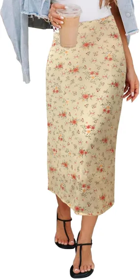 Women’s Floral Print Midi Skirt Casual High Elastic Waist Zipper Vintage Long Boho Skirts for Women