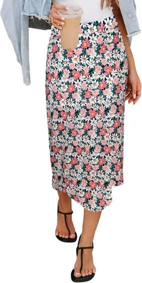 Women’s Floral Print Midi Skirt Casual High Elastic Waist Zipper Vintage Long Boho Skirts for Women