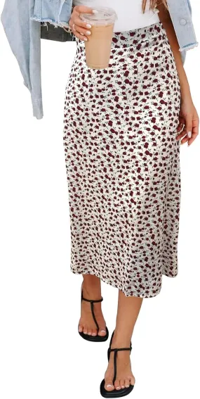 Women’s Floral Print Midi Skirt Casual High Elastic Waist Zipper Vintage Long Boho Skirts for Women