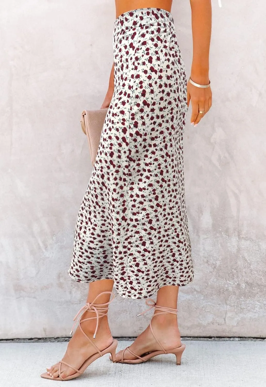 Women’s Floral Print Midi Skirt Casual High Elastic Waist Zipper Vintage Long Boho Skirts for Women