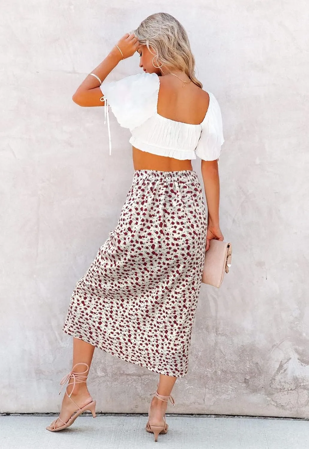 Women’s Floral Print Midi Skirt Casual High Elastic Waist Zipper Vintage Long Boho Skirts for Women
