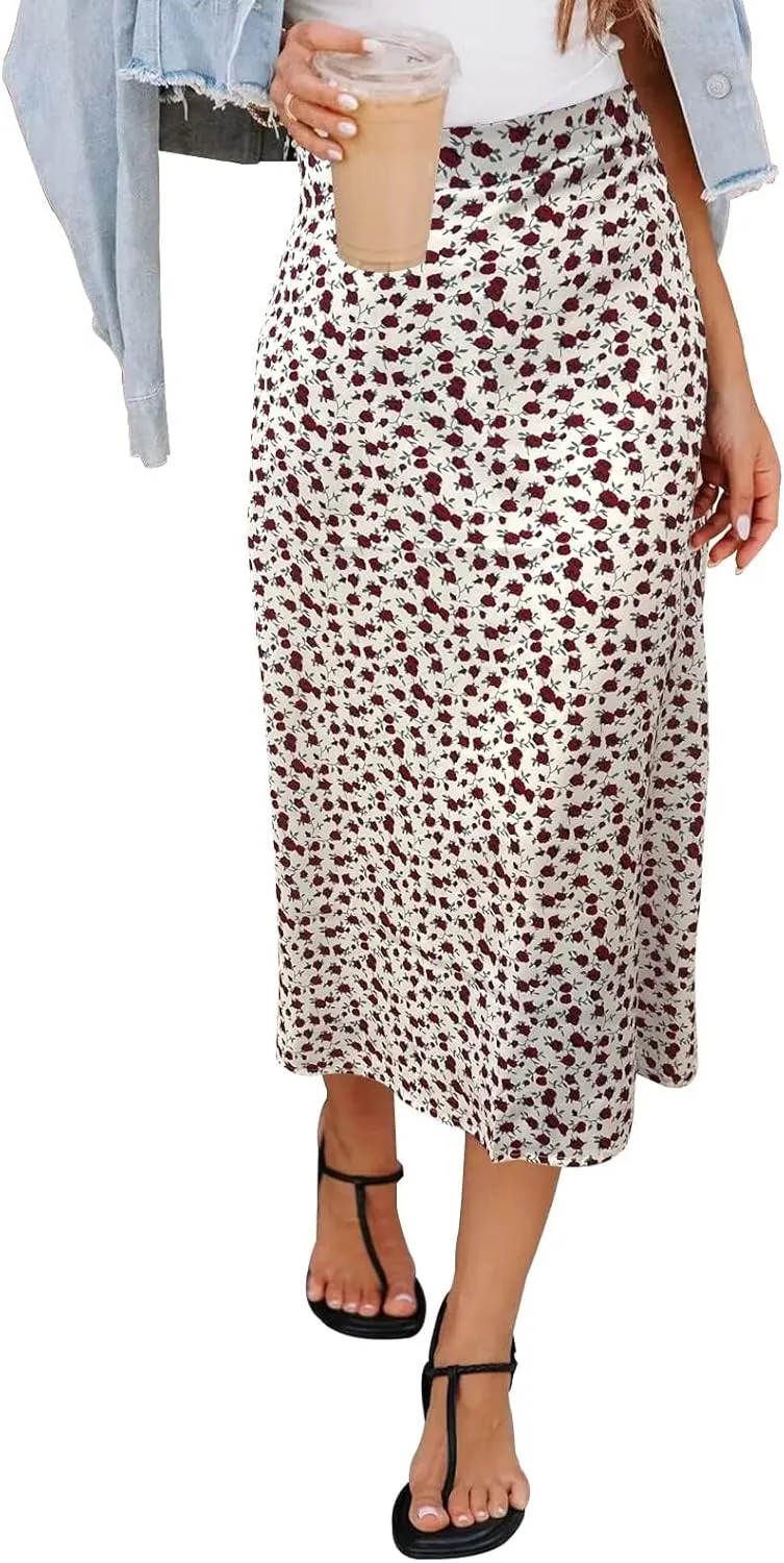Women’s Floral Print Midi Skirt Casual High Elastic Waist Zipper Vintage Long Boho Skirts for Women