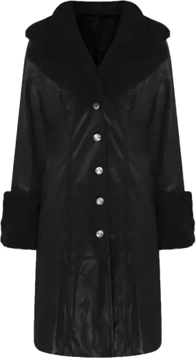 Womens Leather Jacket with Faux Fur Collar Leather Long Jacket Winter Fashion Trench Coat Fleece Lined Coats with Pocket