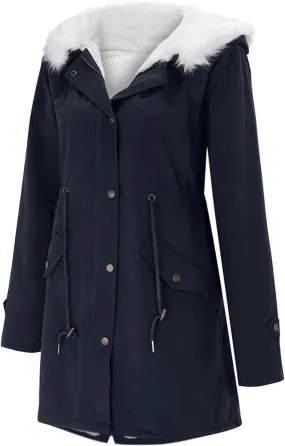 Womens Long Winter Coats Thick Warm Fleece Lined Jacket Oversized Long Sleeve Hooded Zipper Padded Outwear with Pocket