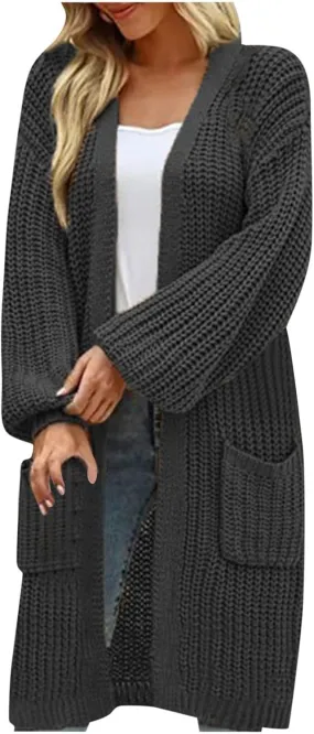 Women's Open Front Cardigan Oversized Chunky Knit Sweater Long Lantern Sleeve Outwear with Pocket 2025 Fashion