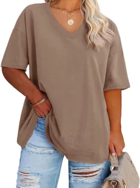 Women's Plus Size V Neck T Shirts Summer Half Sleeve Tees Casual Loose Fit Cotton Tunic Tops