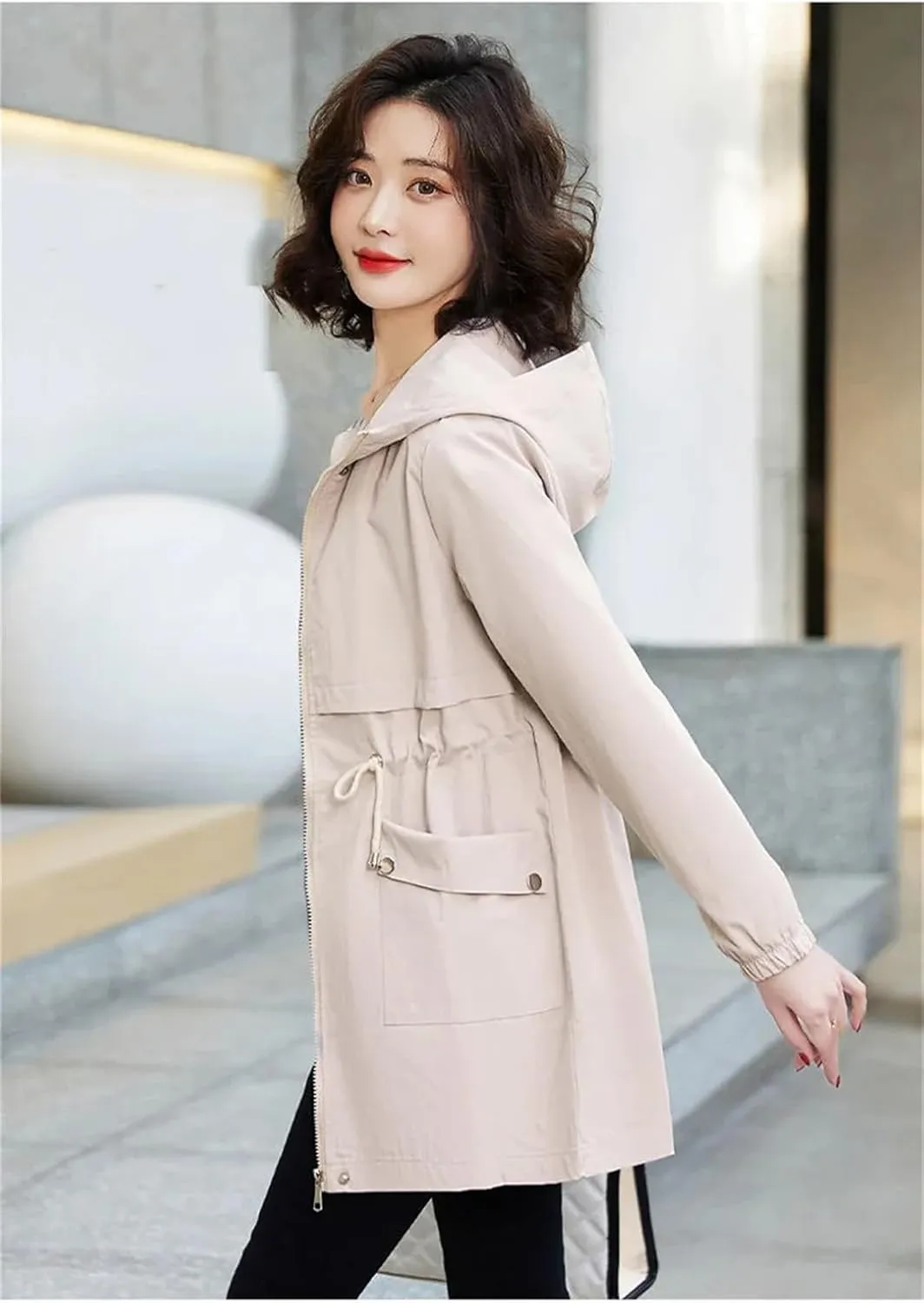 Women's solid Cotton Hooded Trench Coat Mid-Length Multi-Pocket Solid Color Loose Raincoat