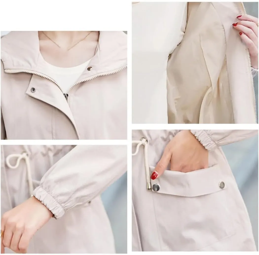 Women's solid Cotton Hooded Trench Coat Mid-Length Multi-Pocket Solid Color Loose Raincoat