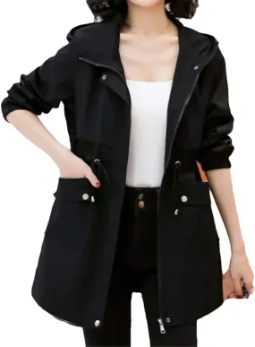 Women's solid Cotton Hooded Trench Coat Mid-Length Multi-Pocket Solid Color Loose Raincoat
