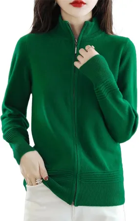Wool Cardigan Cashmere Sweater Women Zipper Stand Collar Knitted Tops Simple Zippered Knitted Sweater Jacket