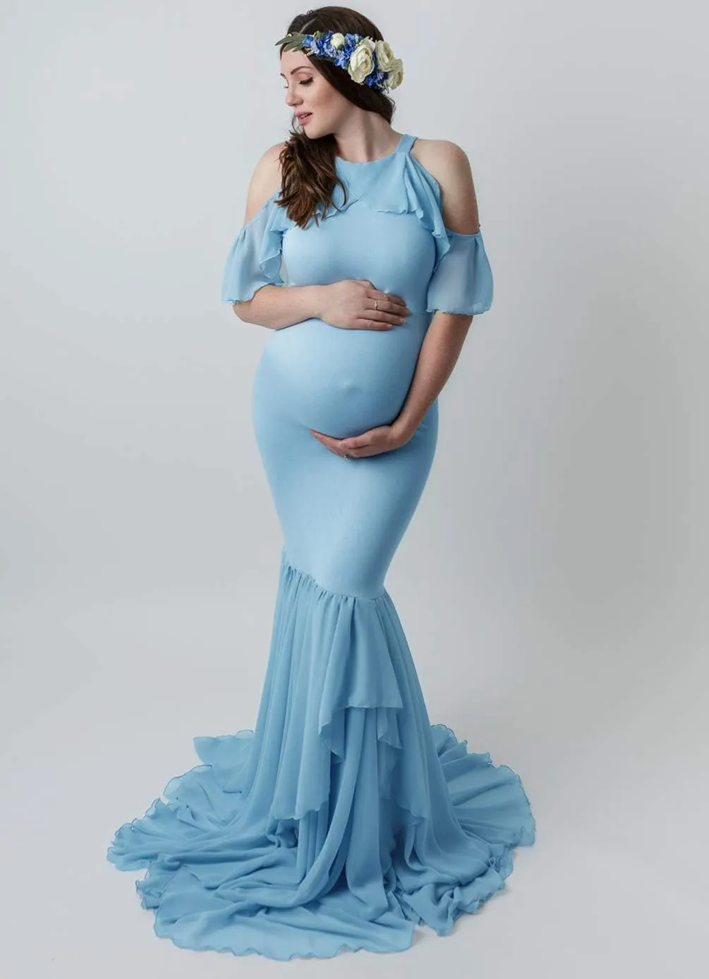 ZIUMUDY Elegant Maternity Off Shoulder O Neck Photography Gown Mermaid Chiffon Baby Shower Dress