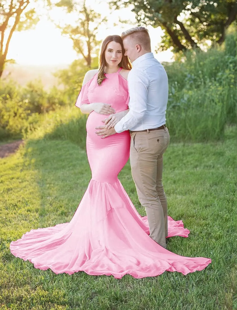 ZIUMUDY Elegant Maternity Off Shoulder O Neck Photography Gown Mermaid Chiffon Baby Shower Dress