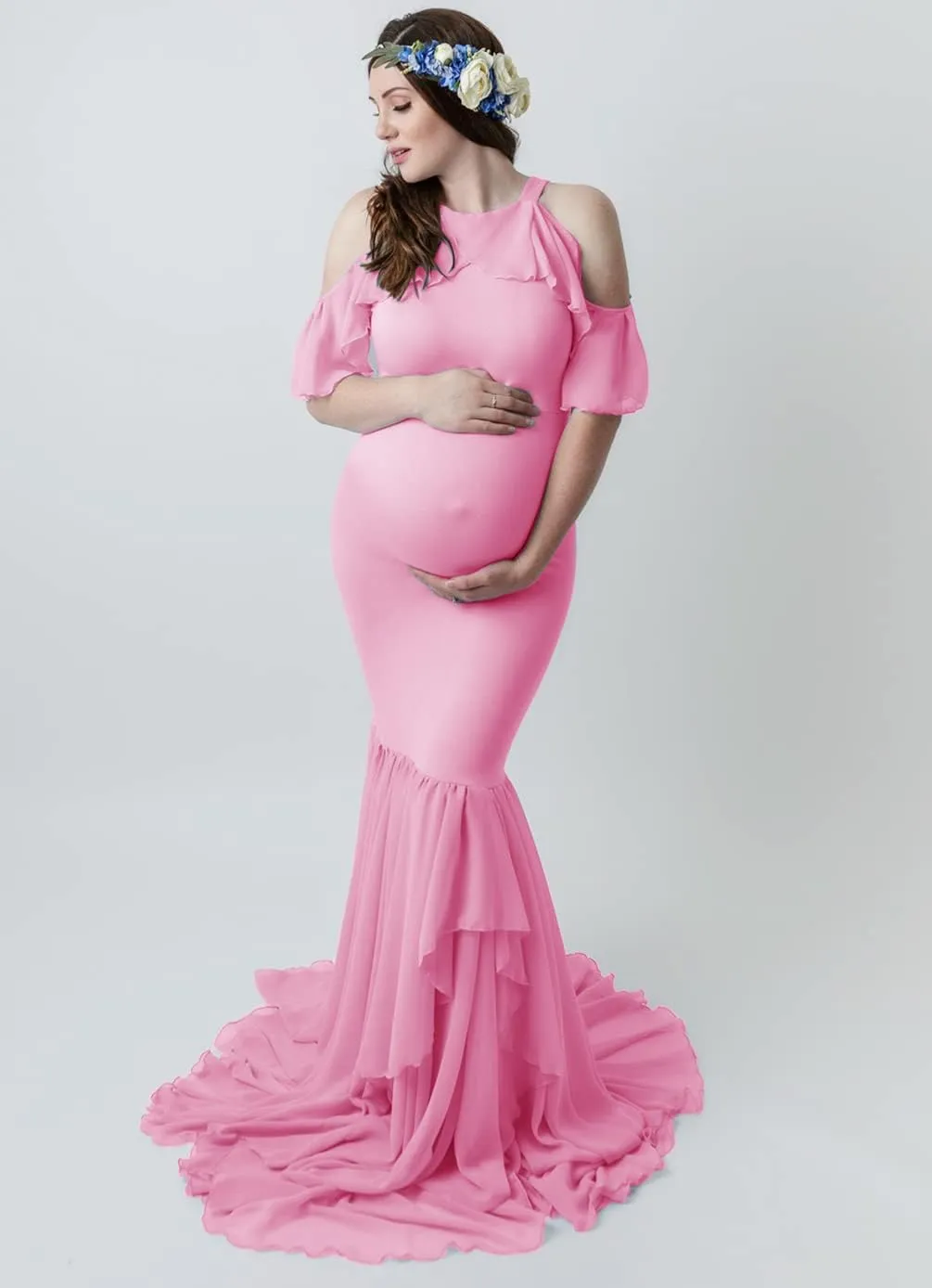 ZIUMUDY Elegant Maternity Off Shoulder O Neck Photography Gown Mermaid Chiffon Baby Shower Dress