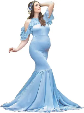 ZIUMUDY Elegant Maternity Off Shoulder O Neck Photography Gown Mermaid Chiffon Baby Shower Dress