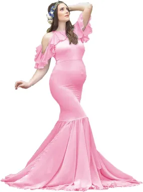 ZIUMUDY Elegant Maternity Off Shoulder O Neck Photography Gown Mermaid Chiffon Baby Shower Dress