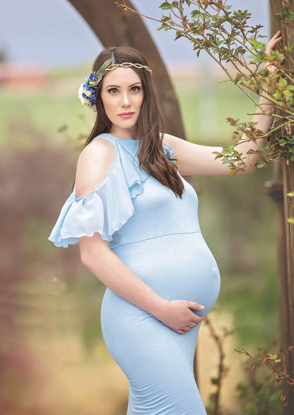 ZIUMUDY Elegant Maternity Off Shoulder O Neck Photography Gown Mermaid Chiffon Baby Shower Dress