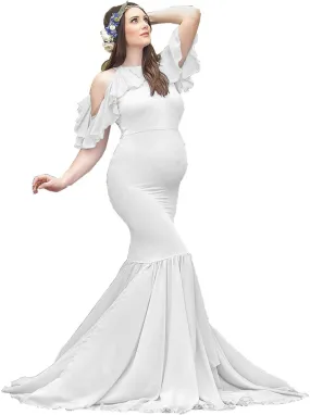 ZIUMUDY Elegant Maternity Off Shoulder O Neck Photography Gown Mermaid Chiffon Baby Shower Dress